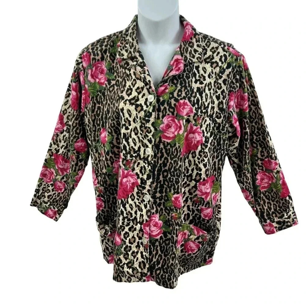 Nick & Nora Womens XXL Sleepwear PJ Top Leopard Jungle Rose Print Loungewear